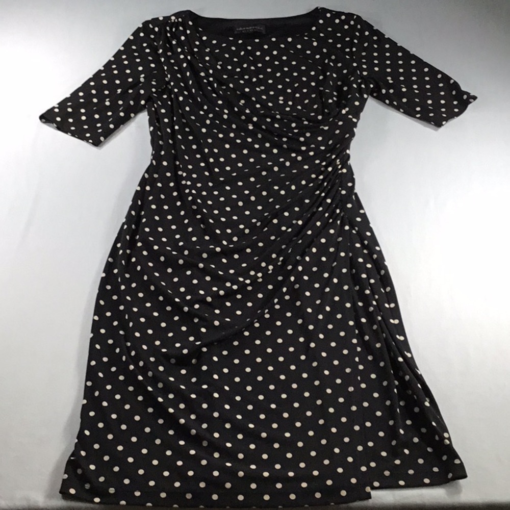 Polka Dot Dress Size 12 Black/Cream Retro Chic Rouched Front Stretchy Twee Vibe